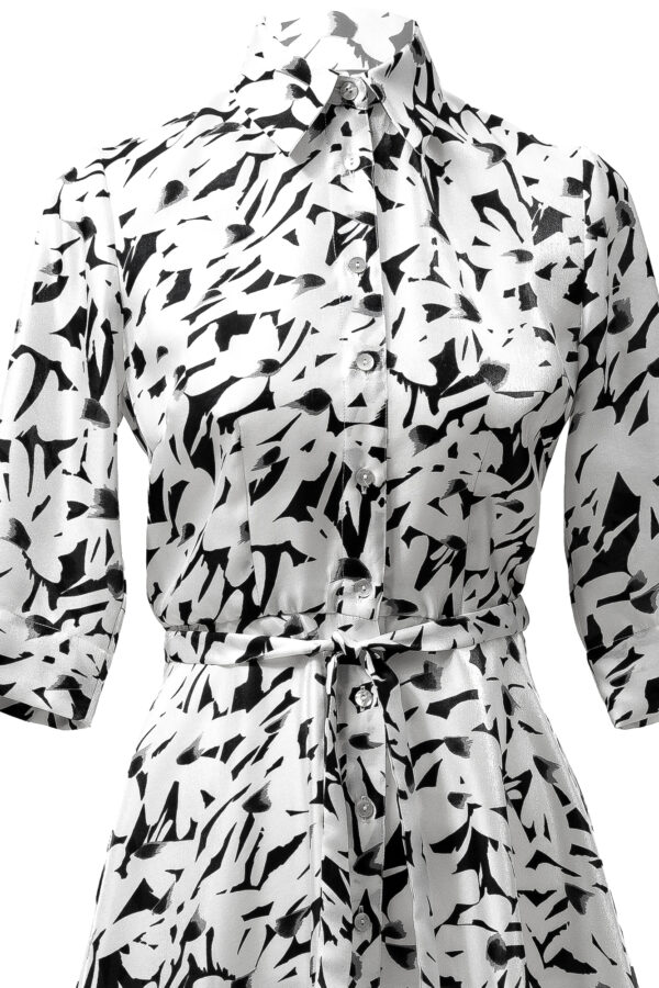 Silk Printed Flared Shirt Dress In Black & White - Image 4