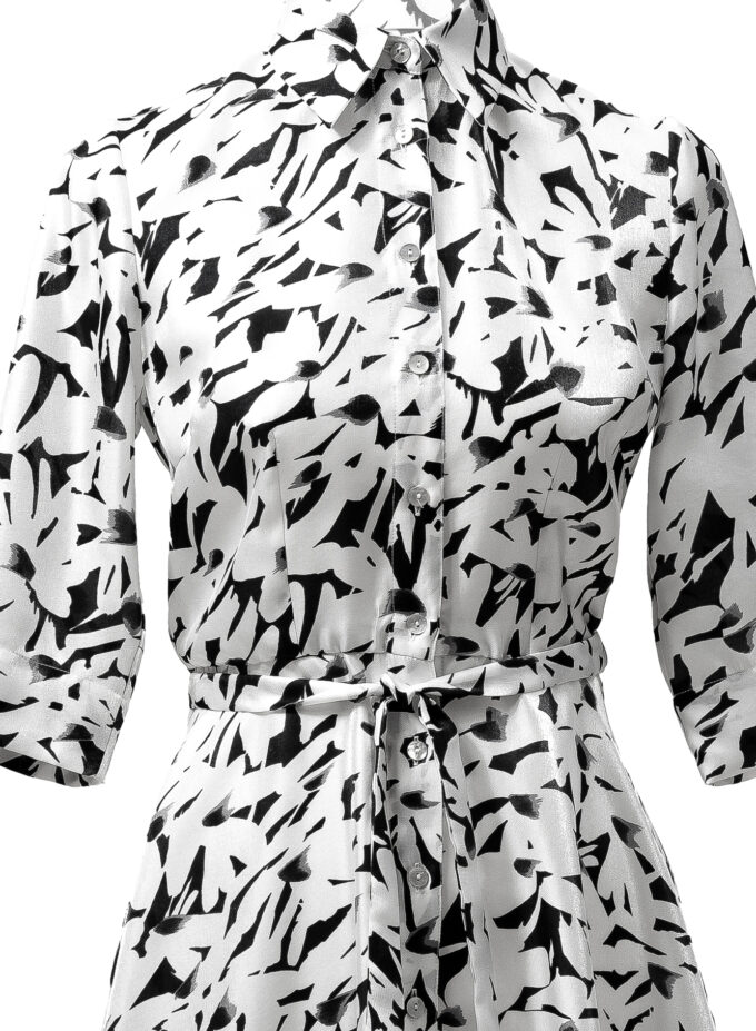Silk Printed Flared Shirt Dress In Black & White