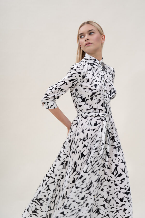 Silk Printed Flared Shirt Dress In Black & White - Image 5