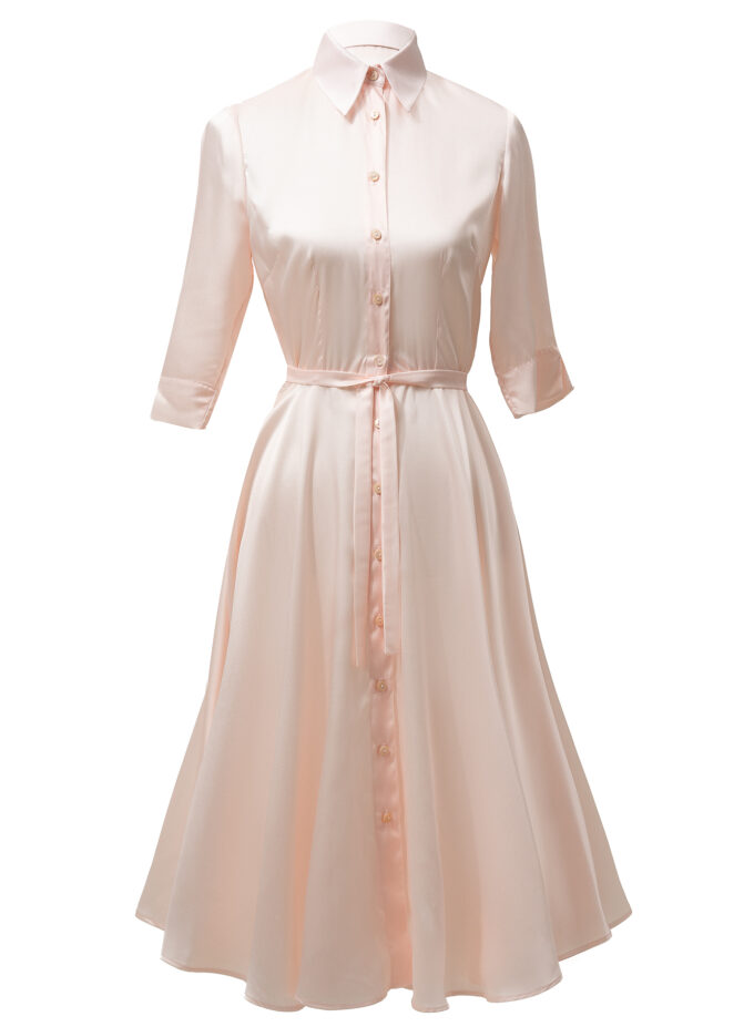 Silk Flared Shirt Dress In Blush Pink