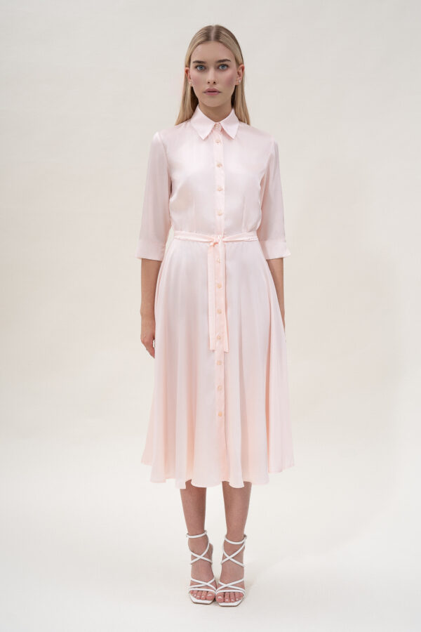 Silk Flared Shirt Dress In Blush Pink