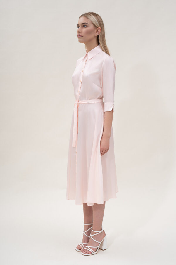 Silk Flared Shirt Dress In Blush Pink - Image 8