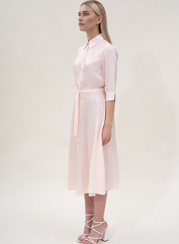 Silk Flared Shirt Dress In Blush Pink