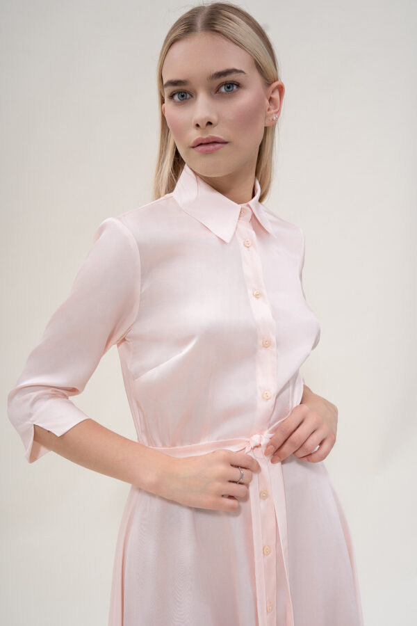 Silk Flared Shirt Dress In Blush Pink - Image 5