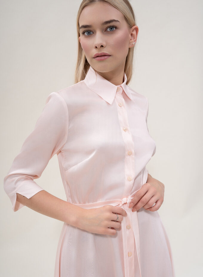 Silk Flared Shirt Dress In Blush Pink