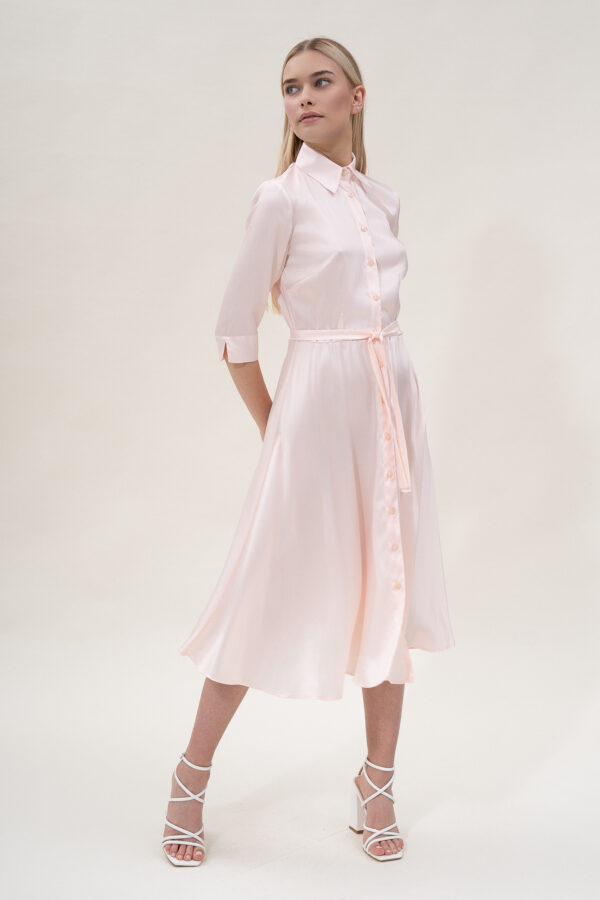 Silk Flared Shirt Dress In Blush Pink - Image 6