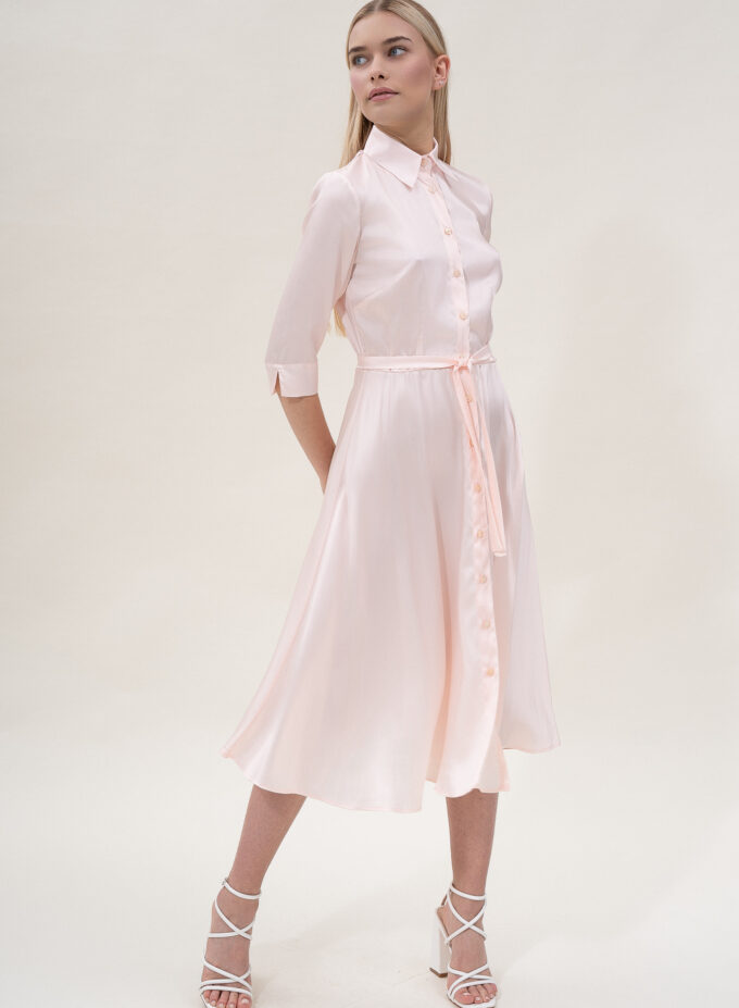 Silk Flared Shirt Dress In Blush Pink