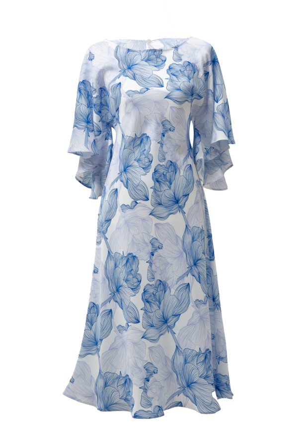 Silk Printed Kimono Dress In Blue & White - Image 3