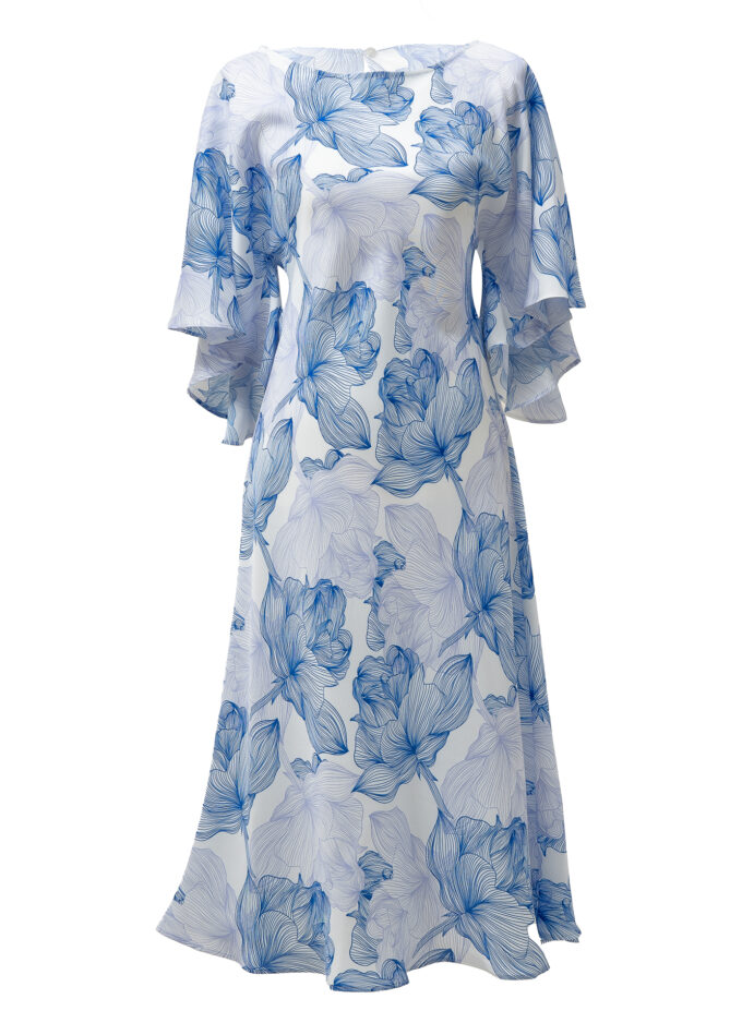 Silk Printed Kimono Dress In Blue & White