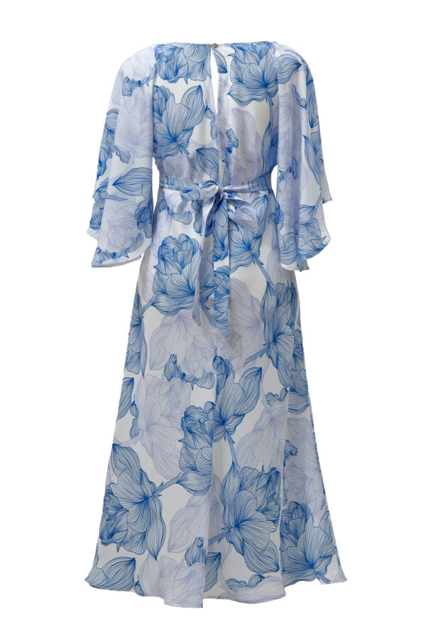 Silk Printed Kimono Dress In Blue & White - Image 2