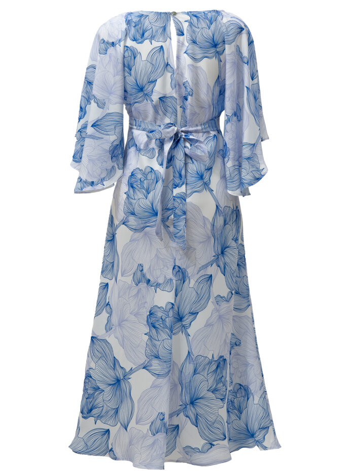 Silk Printed Kimono Dress In Blue & White