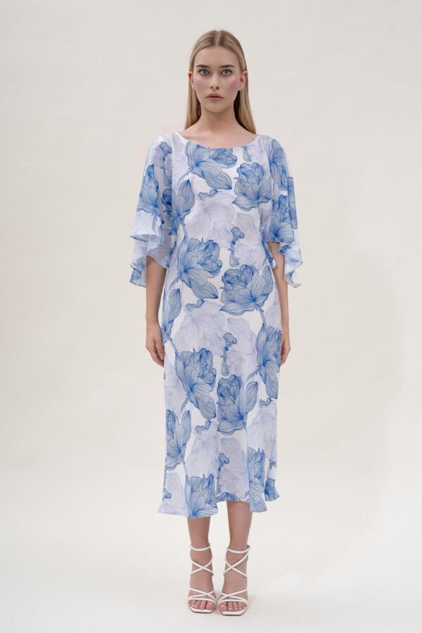 Silk Printed Kimono Dress In Blue & White