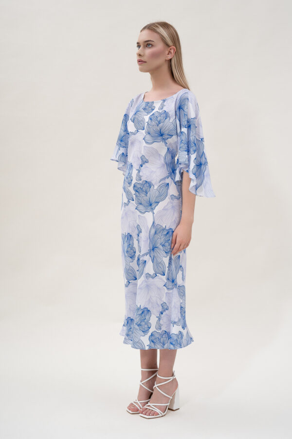 Silk Printed Kimono Dress In Blue & White - Image 7