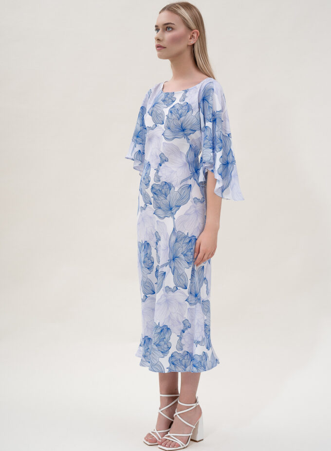 Silk Printed Kimono Dress In Blue & White