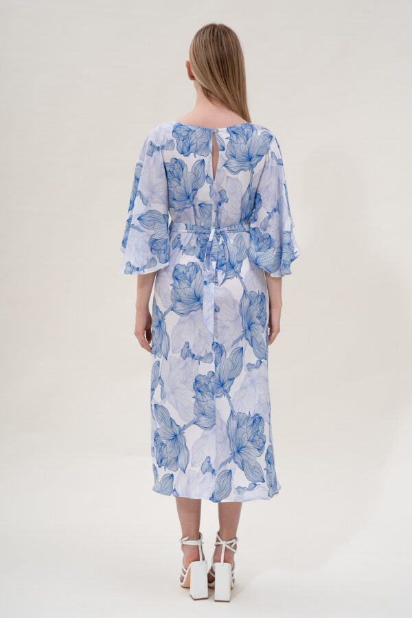 Silk Printed Kimono Dress In Blue & White - Image 6