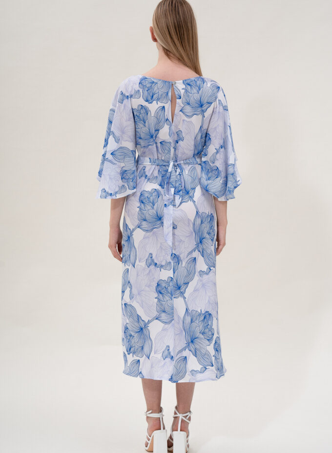 Silk Printed Kimono Dress In Blue & White
