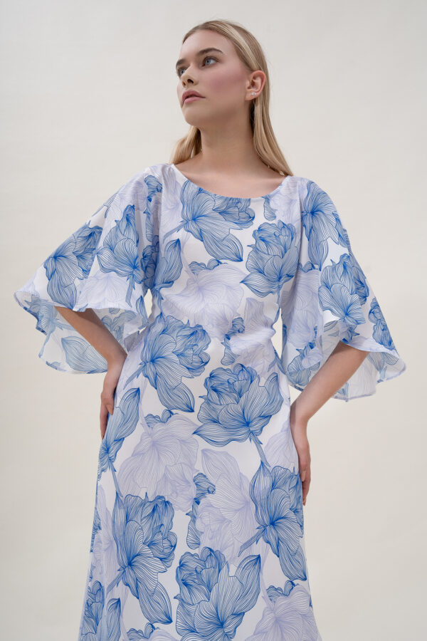 Silk Printed Kimono Dress In Blue & White - Image 5