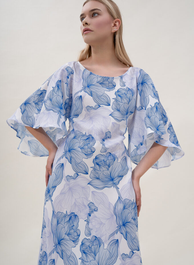Silk Printed Kimono Dress In Blue & White
