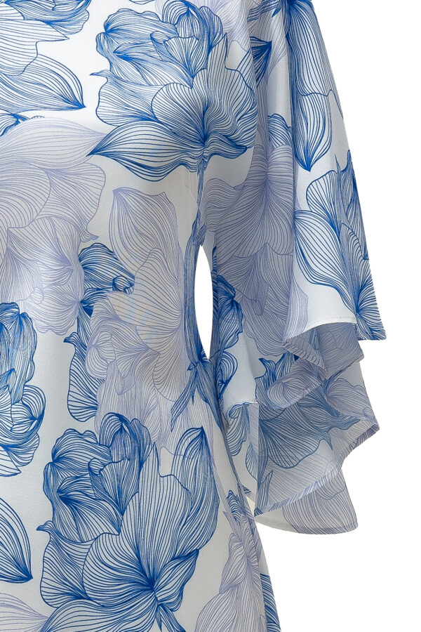 Silk Printed Kimono Dress In Blue & White - Image 4