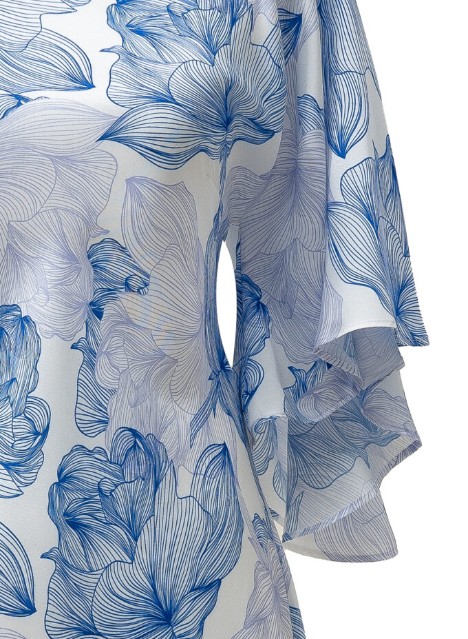 Silk Printed Kimono Dress In Blue & White