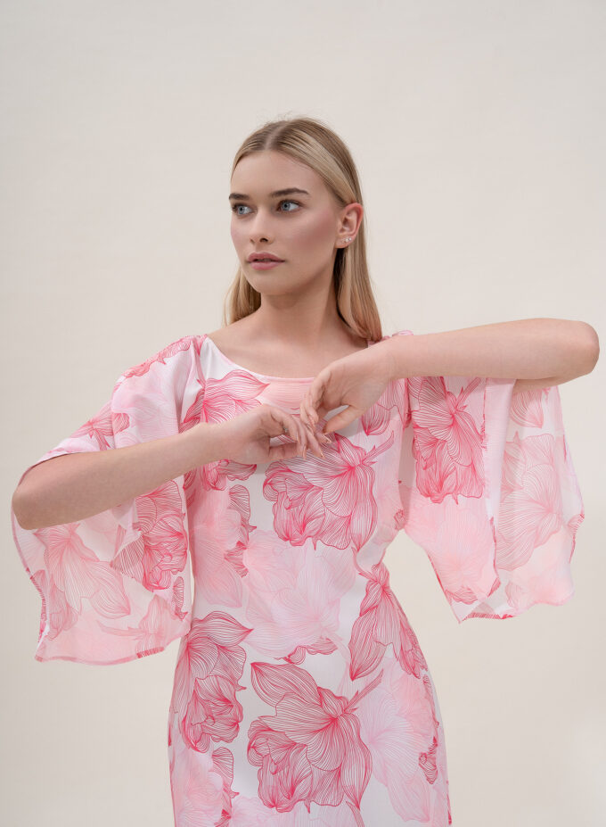 Silk Printed Kimono Dress In Pink & White