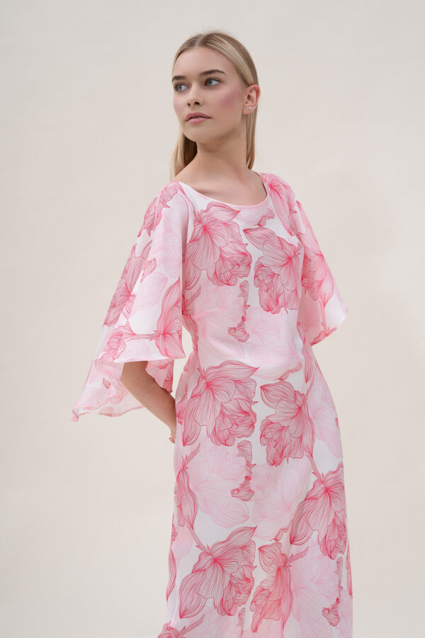 Silk Printed Kimono Dress In Pink & White - Image 4