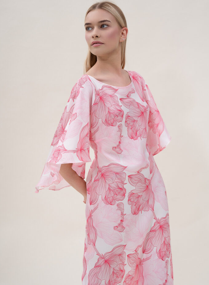 Silk Printed Kimono Dress In Pink & White