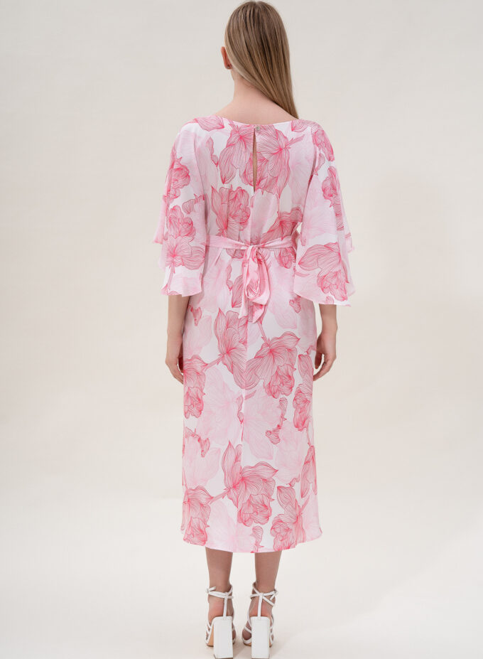 Silk Printed Kimono Dress In Pink & White
