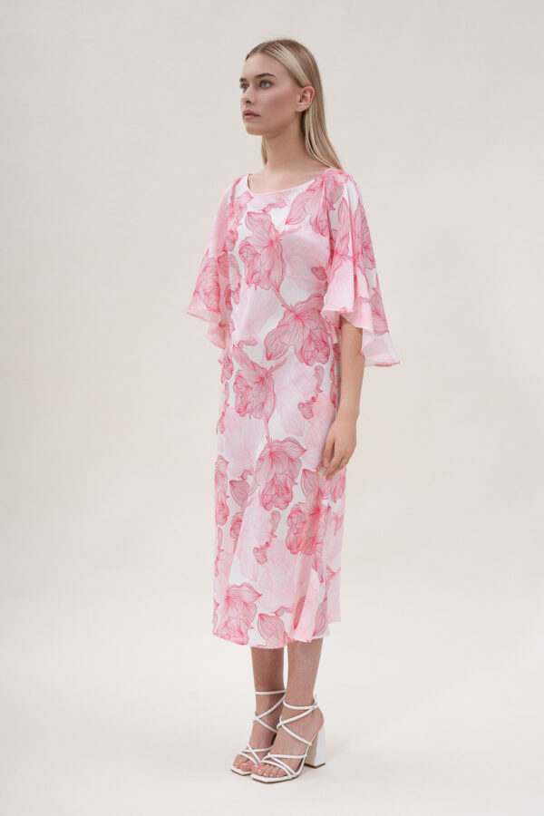 Silk Printed Kimono Dress In Pink & White - Image 6