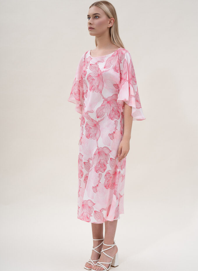 Silk Printed Kimono Dress In Pink & White