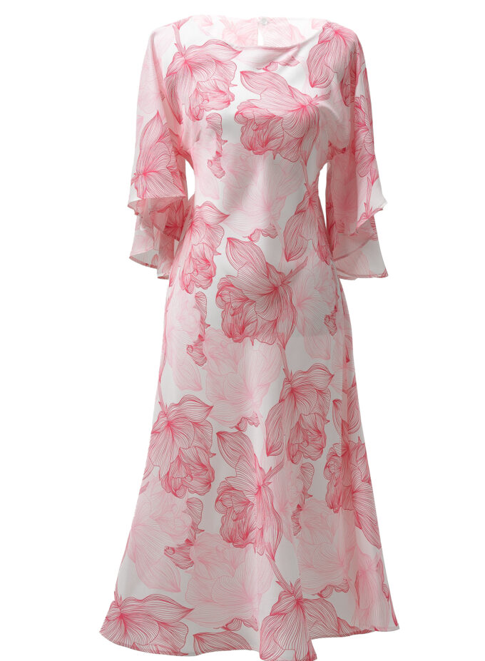 Silk Printed Kimono Dress In Pink & White