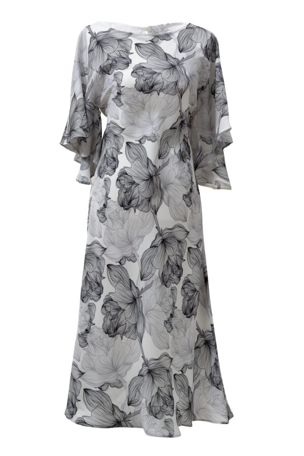 Silk Printed Kimono Dress In Black & White - Image 4