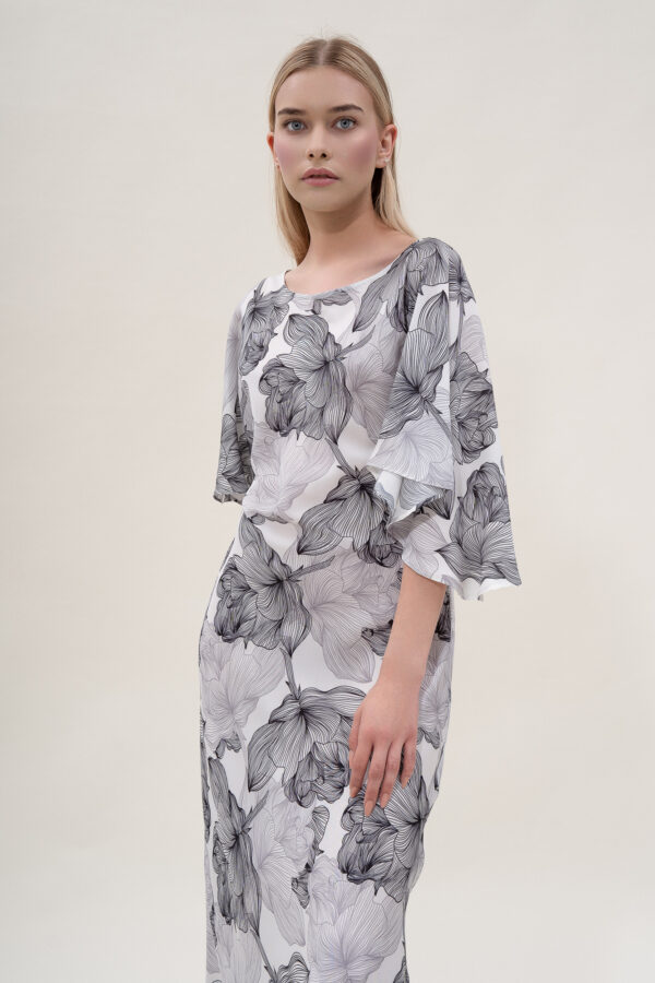 Silk Printed Kimono Dress In Black & White - Image 5