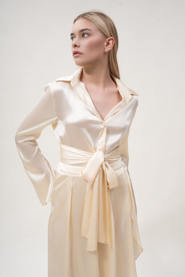 Silk Shirt with Bow In Cream - Image 2