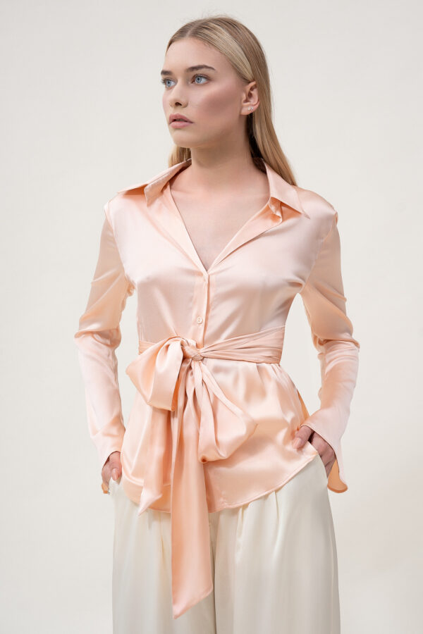 Silk Shirt with Bow In Peach - Image 2