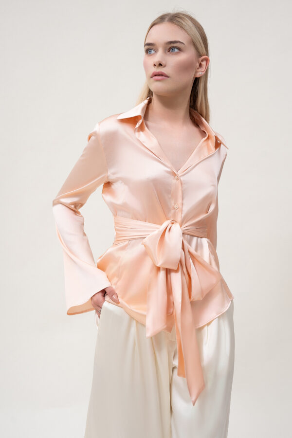 Silk Shirt with Bow In Peach - Image 4