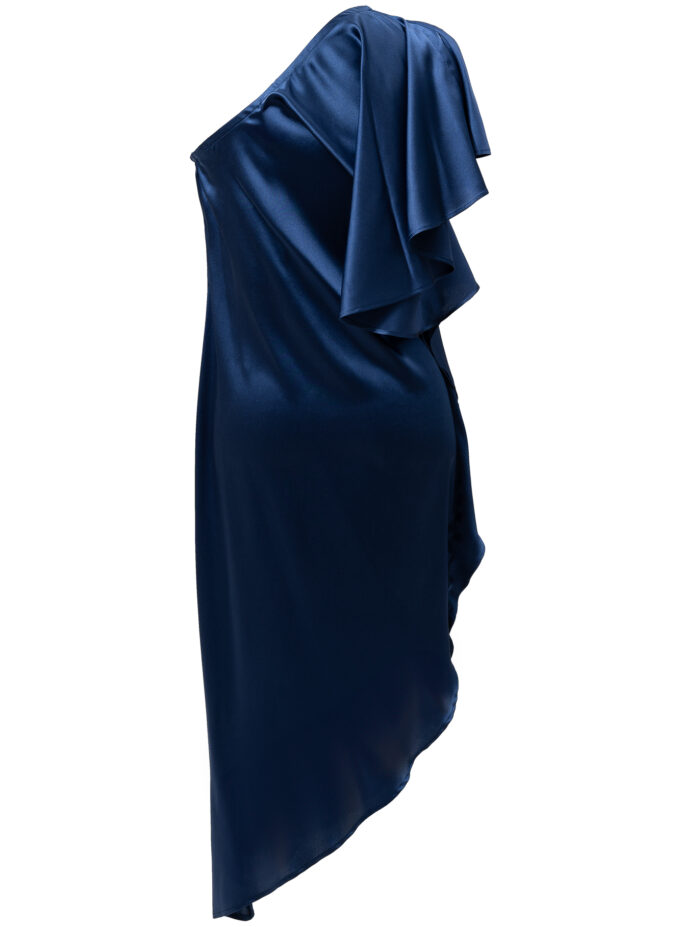 Silk Off-Shoulder Dress In Navy Blue