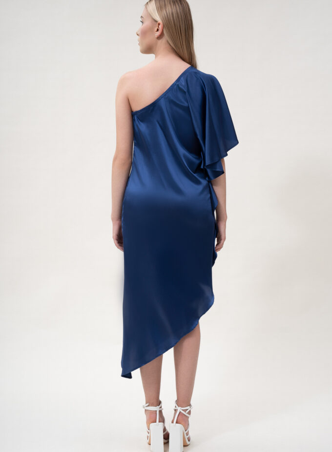 Silk Off-Shoulder Dress In Navy Blue