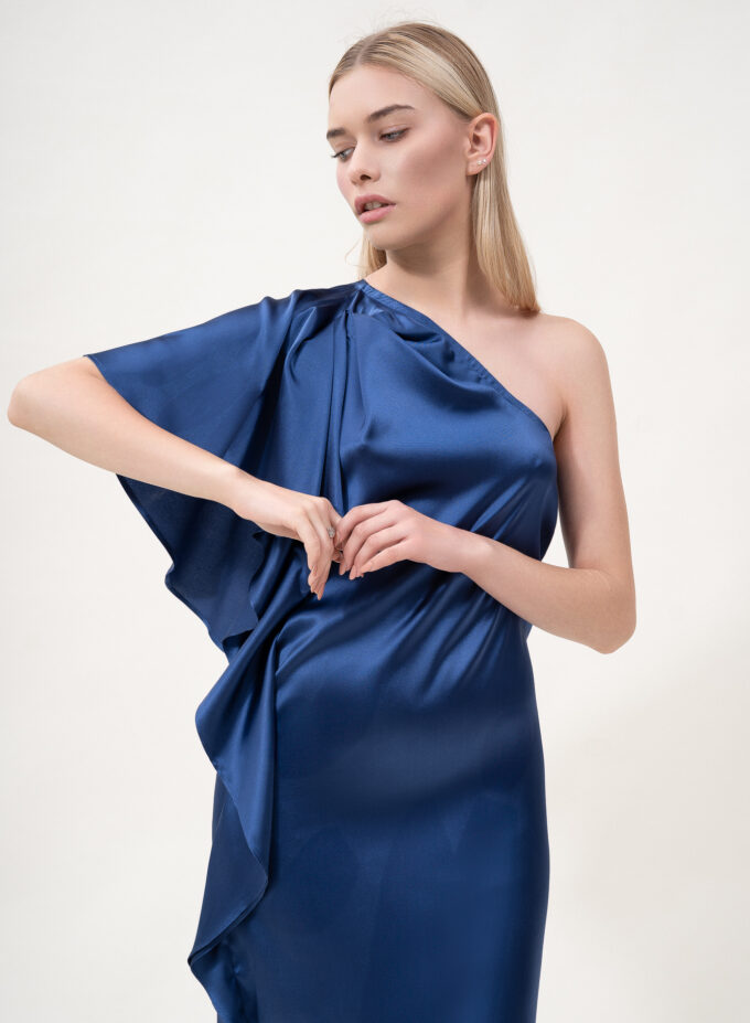 Silk Off-Shoulder Dress In Navy Blue