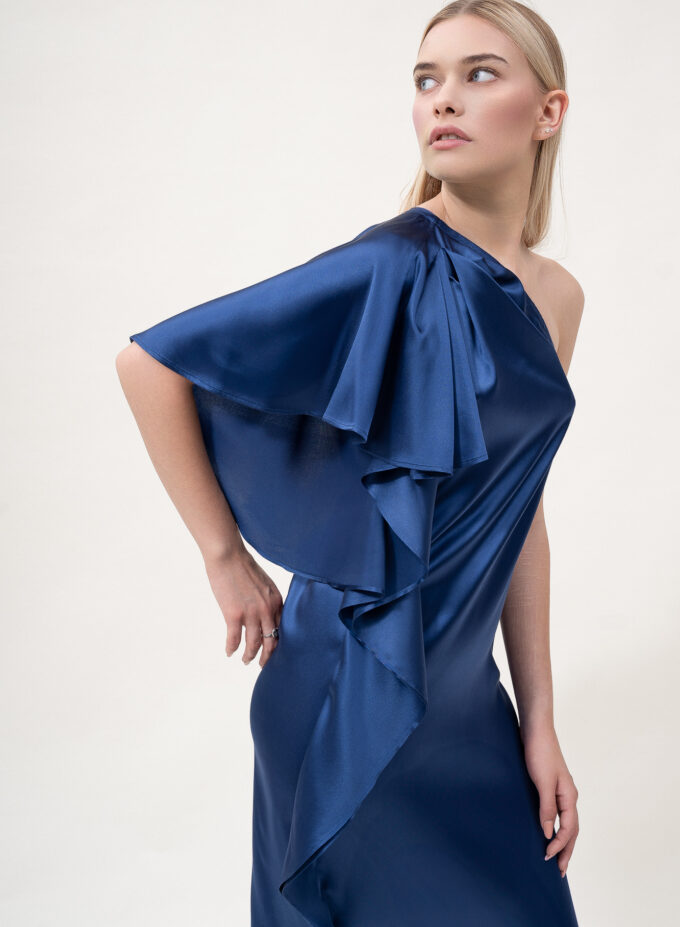 Silk Off-Shoulder Dress In Navy Blue