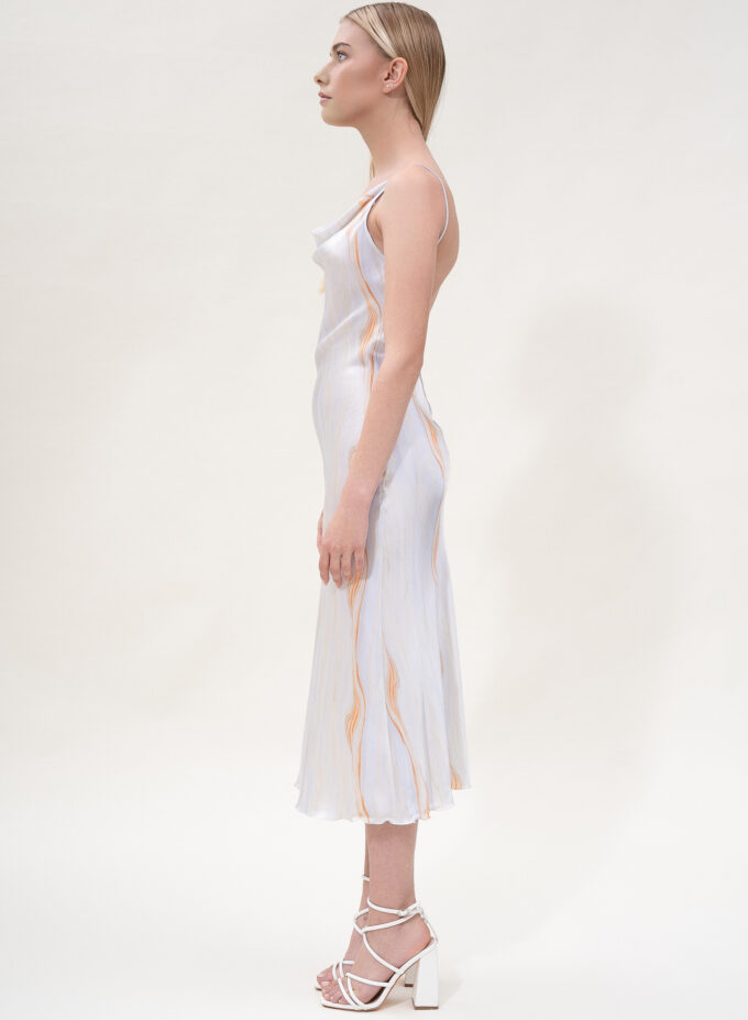 Silk Open Back Midi Printed Dress In Blue & Orange