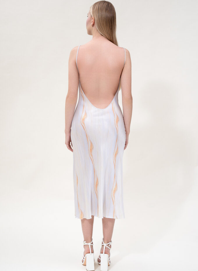 Silk Open Back Midi Printed Dress In Blue & Orange