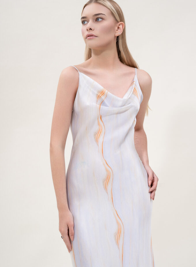 Silk Open Back Midi Printed Dress In Blue & Orange