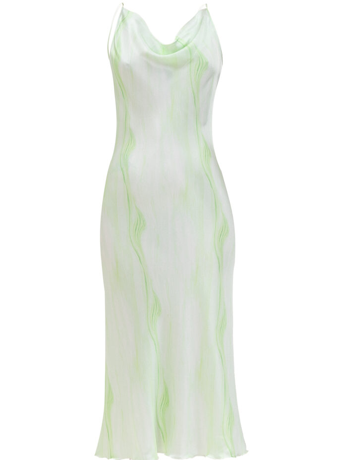 Silk Open Back Midi Printed Dress In Green