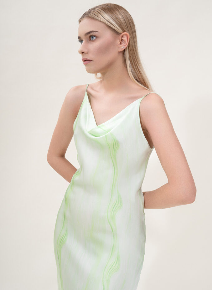 Silk Open Back Midi Printed Dress In Green