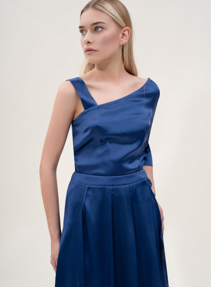 Silk one shoulder blouse in navy blue
