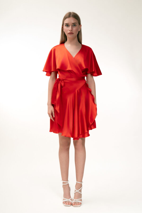 Silk Short Wrap Dress In Red