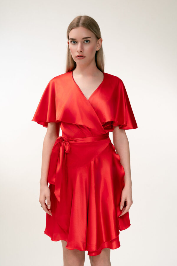 Silk Short Wrap Dress In Red - Image 8