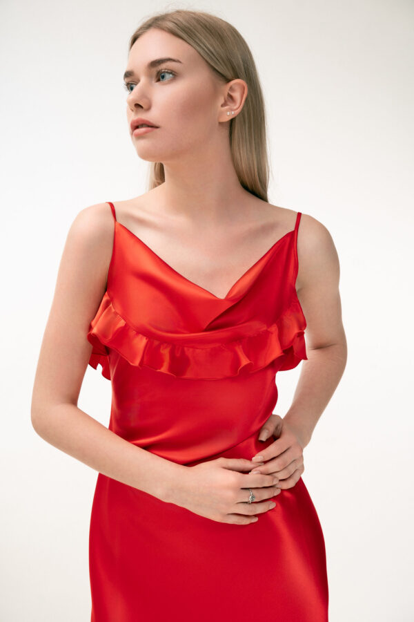 Silk Midi Dress with Ruffle Detail In Red - Image 9