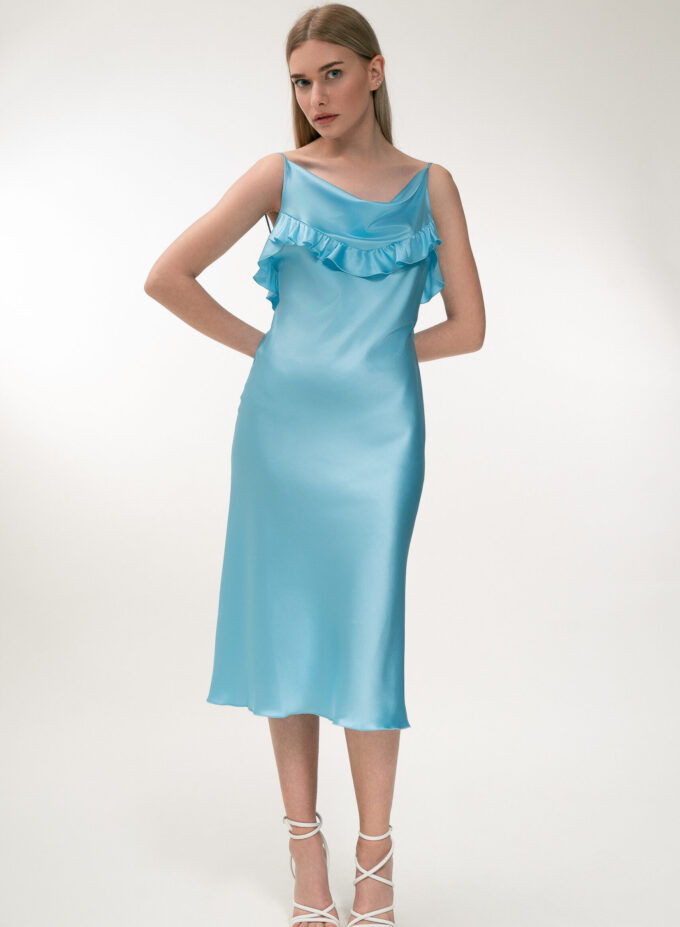 Silk Midi Dress with Ruffle Detail In Turquoise